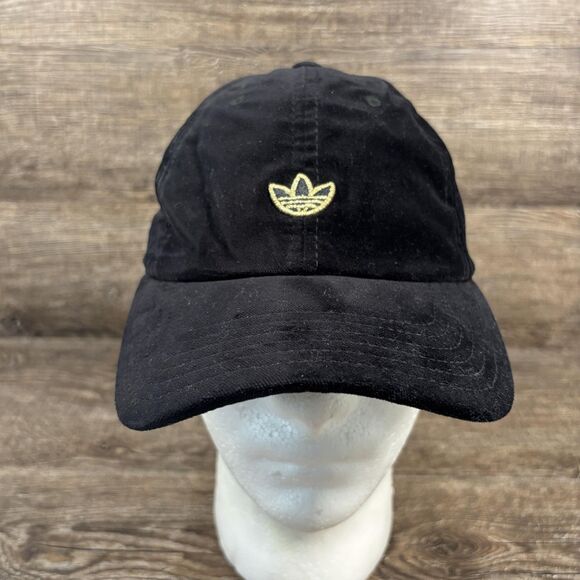 Adidas Hat Strap Back Black Gold Trefoil Embroidered Velvet Mens One Size - Picture 1 of 8
